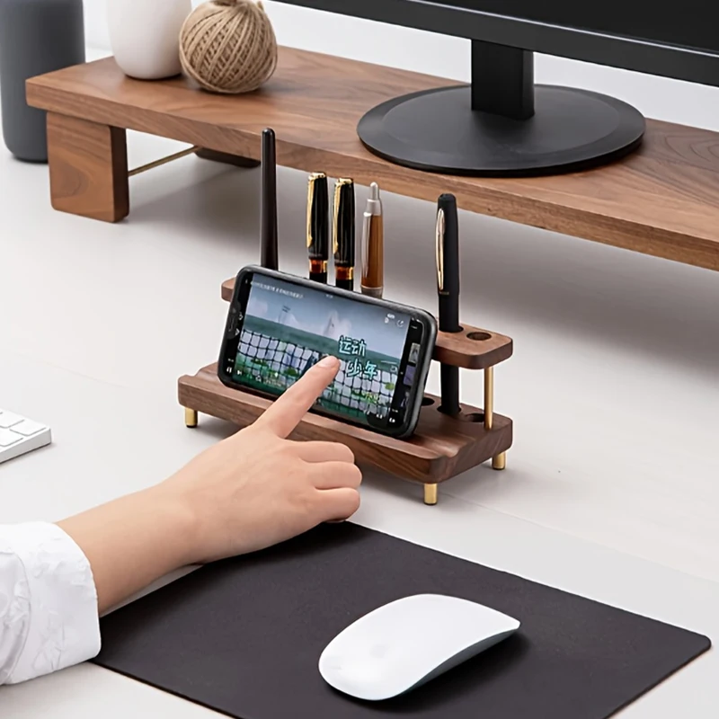 Multifuncional Walnut Wood Desk Organizer, Pen Holder, Phone Stand, Desktop Storage, Criativos, Escritório, Escola, 1Pc, 2024