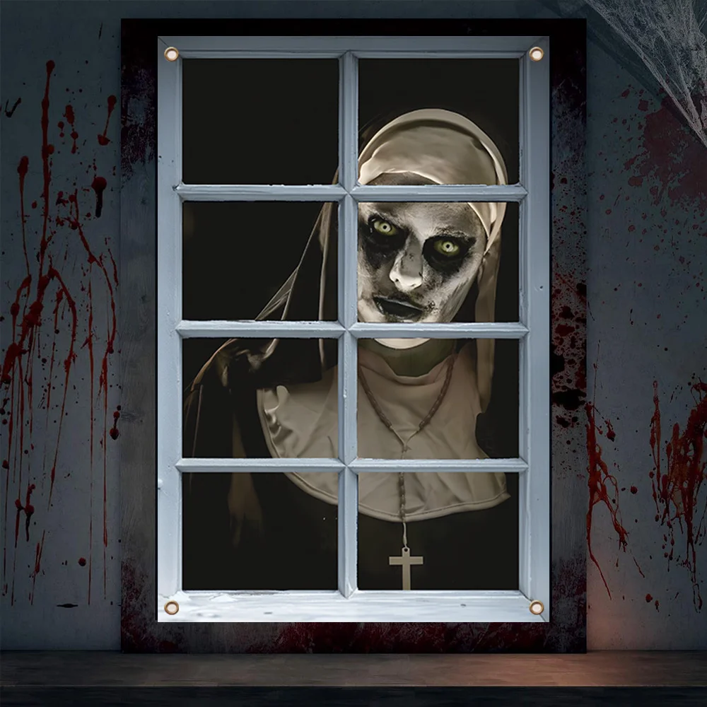 لافتة نافذة مسطحة ثنائية الأبعاد على شكل نون زومبي للهالوين - ديكورات حفلات من البوليستر مع رشات الدم