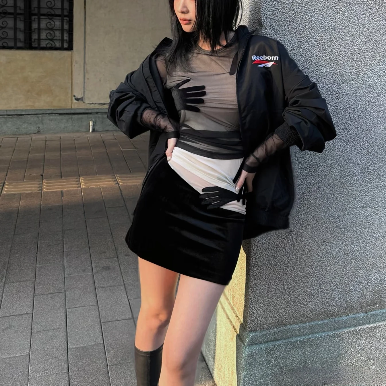 Elastic Long Sleeve round Neck Mesh Top Women's Design Sensation Triple Hand Black Double Layer T-Shirt Sexy Style Slim Fit