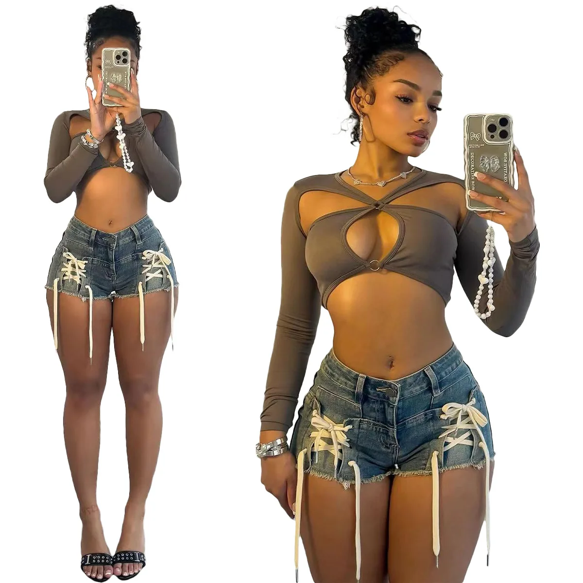 Pant Women Jeans Vintage Short Pants Slim Fit High Waist Straight Trousers Sexy Lace Up Y2k Streetwear Elegant Splice Beach 2026