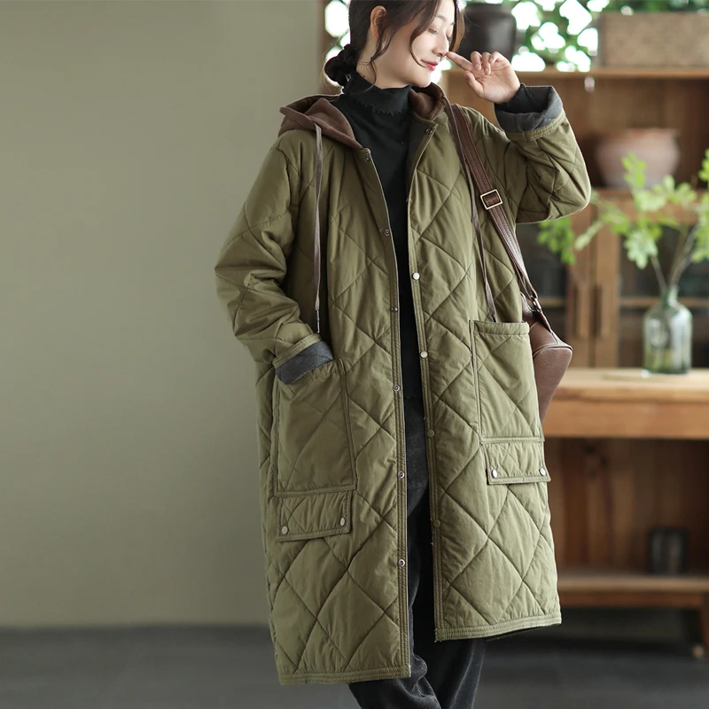 معطف شتوي مبطن من القطن Jaet فني كبير الحجم للنساء معطف طويل بقلنسوة مع كيت للتنقل Sle