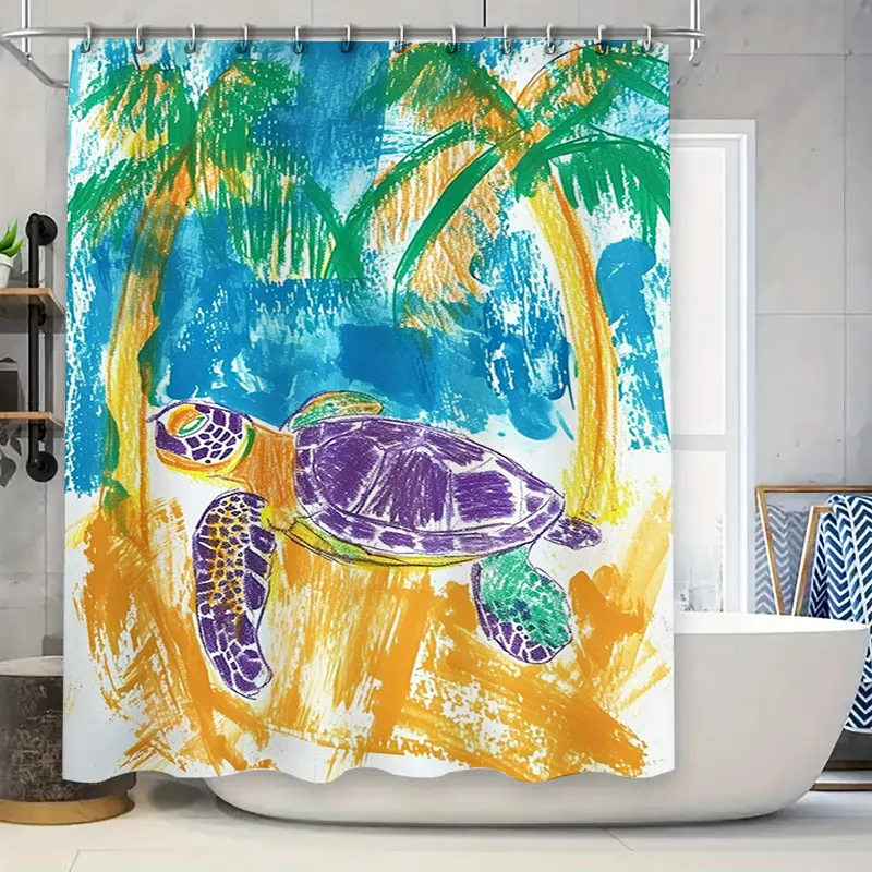 

Brightly Colored Turtur Shower Curtain Beach Style Turtle Print for Bathroom Decorations in Multicolor Floral Patterns Made with