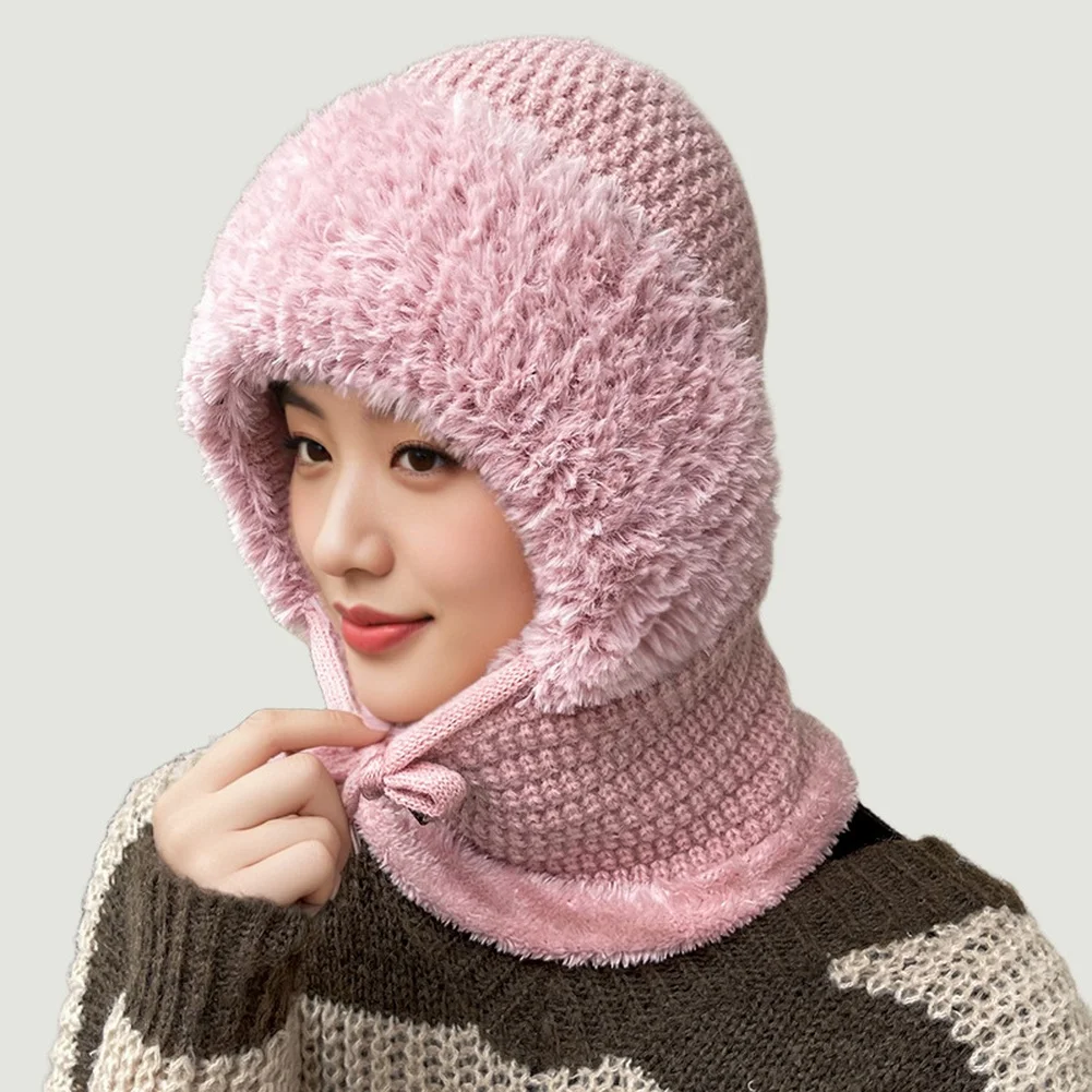 

Mask Hat Scarf Set Fleece Lined Winter Warm Women Big Head Size Outdoor Sports Skiing Cycling Cold Weather Windproof