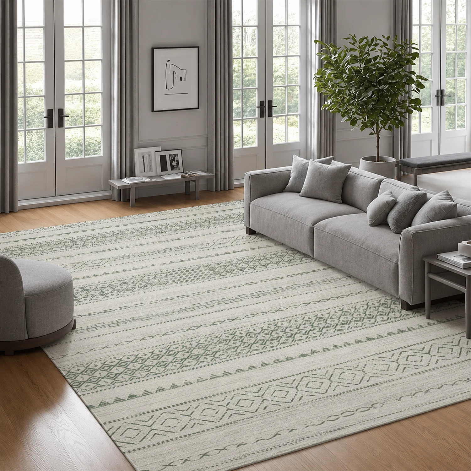Large Indoor Area Rug, Soft Velvet Low Pile Rug with Non-slip Dotted Backing, Machine Washable Boho Tribal Geometric Striped Rug for Living Room, Bedroom, Neutral Gray Washable Floor Carpet for Home Decor