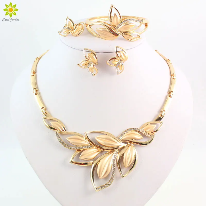 African Jewelry Vintage Jewelry Gold Color Leaf Shape Necklace Set Fashion Wedding Elegant Costume Jewelry Set