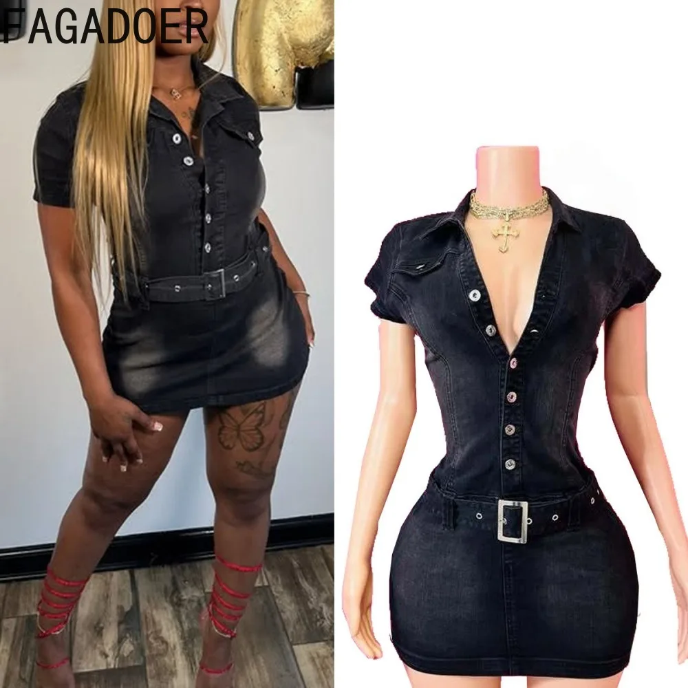 

FAGADOER Casual Solid Color Denim Bodycon Dresses for Woman Short Sleeve Single Breasted Dress Female Streetwear Vestidos 2026