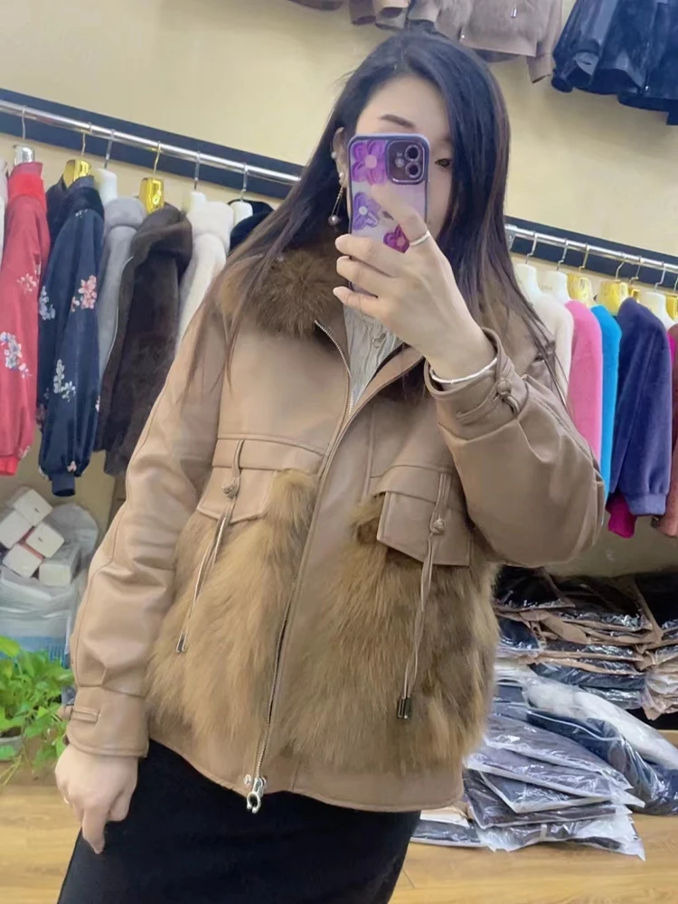 Women's Winter Down Jacket 2024 New PU Leather Fox Hair Lmitation Mid Length Jacket Thickened Women Coat Fur Women Loose Coar