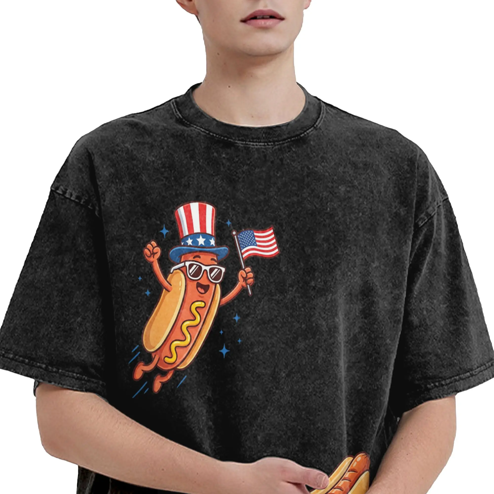 Jumping Into Bun hotdog Washed T Shirt Streetwear Hip Hop Novelty T-Shirts  Tees Tops Men Women Cotton Harajuku