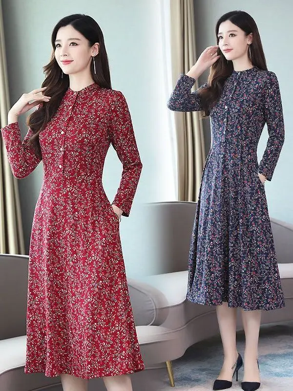 Elegant Mid-Length Long-Sleeve Dress for Middle-Aged Women High-Waisted A-Line Skirt Commute Style Korean Version Polyester F...