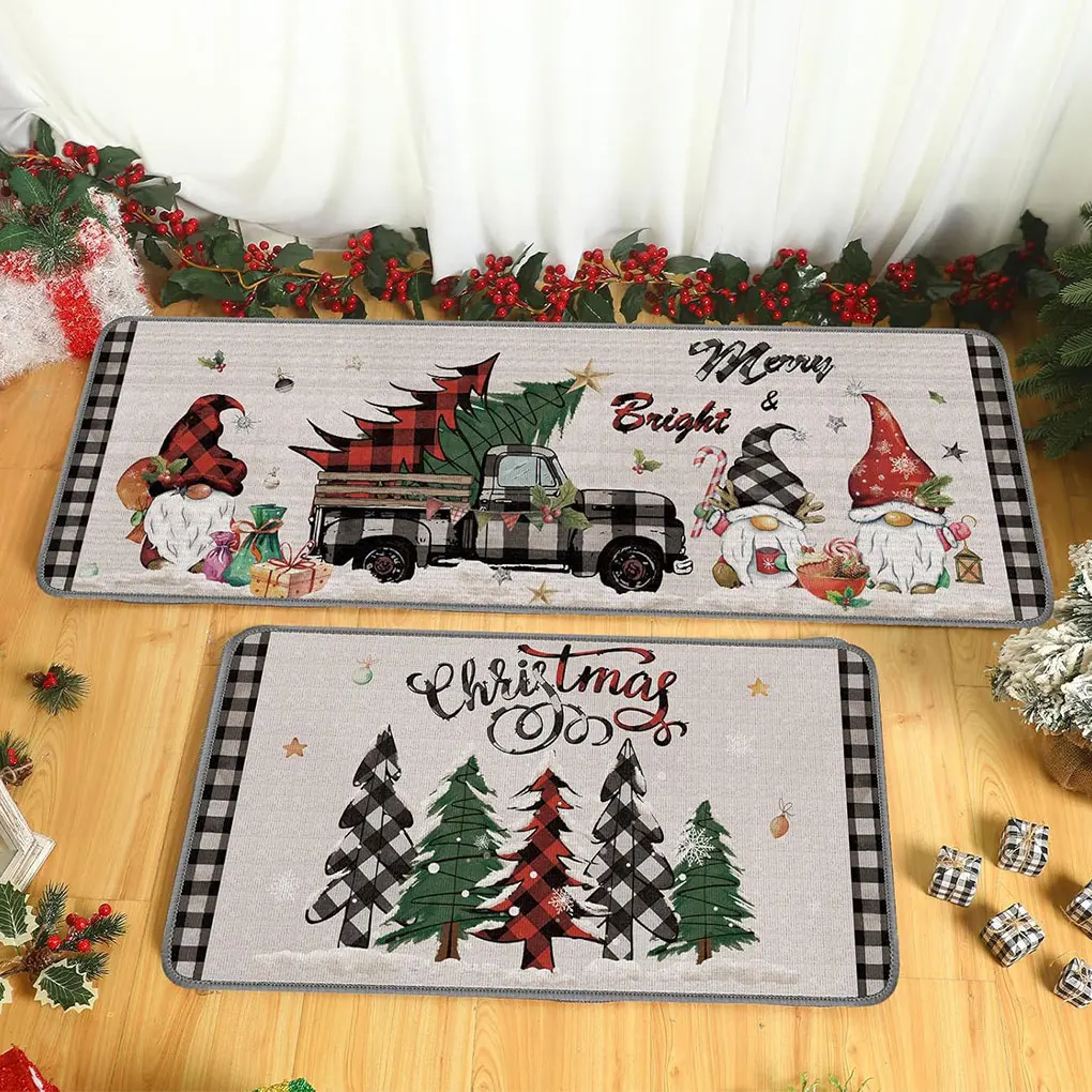 

2Pcs Christmas Kitchen Floor Mat Party Decoration Hallway Entrance Doormat Washable Kitchen Rugs for Living Room Home Decor