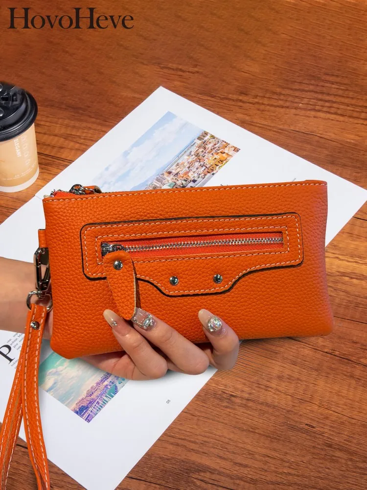 

Cowhide Large Capacity Zipper Ladies Card Holder Thin Portable Long Purse Handbag Genuine Leather New Female Wallet Clutch Bag