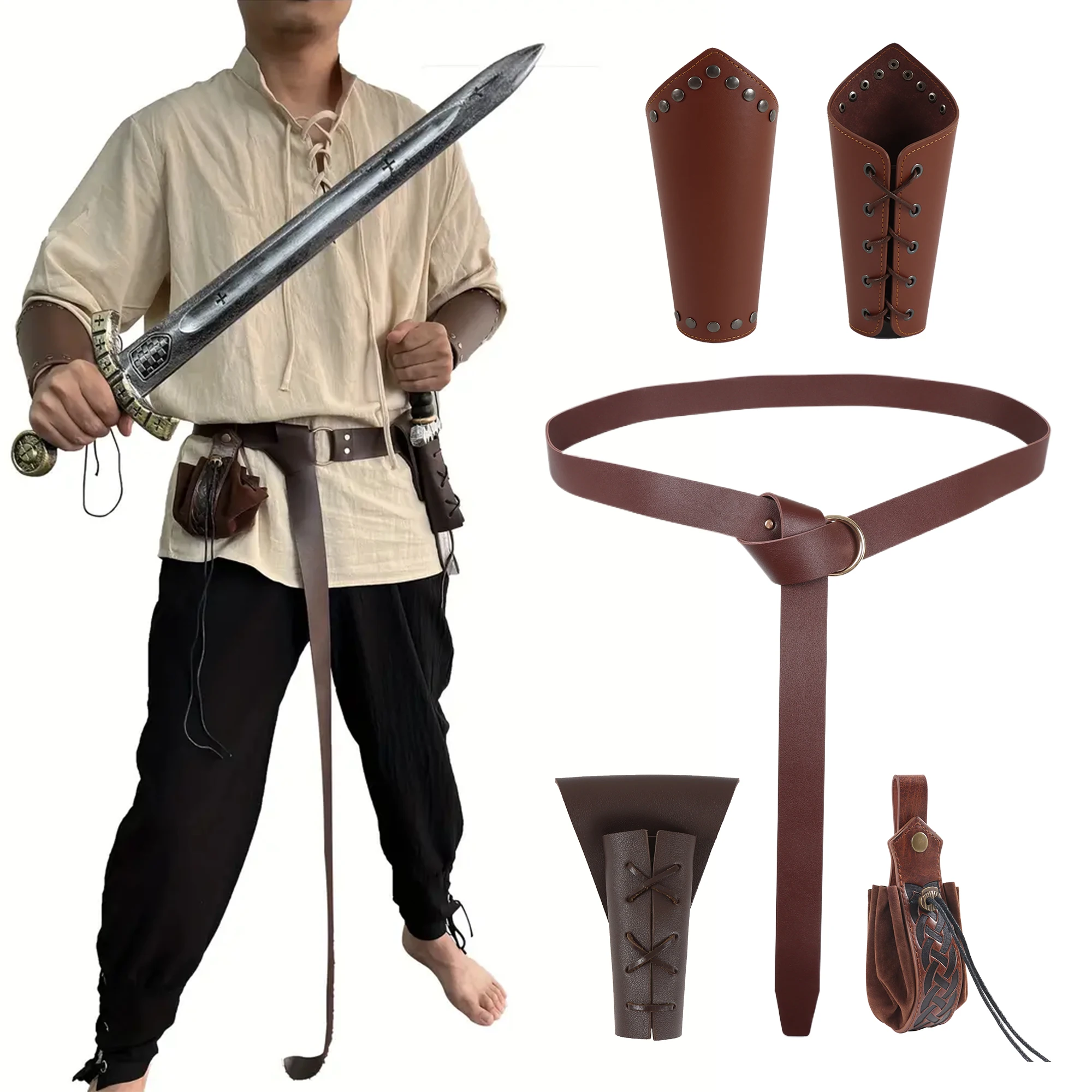 5PCS Halloween Costume Accessories Set Medieval Renaissance Knight Belt Viking Vintage Sac Cosplay Props Leather Waist Belt Set