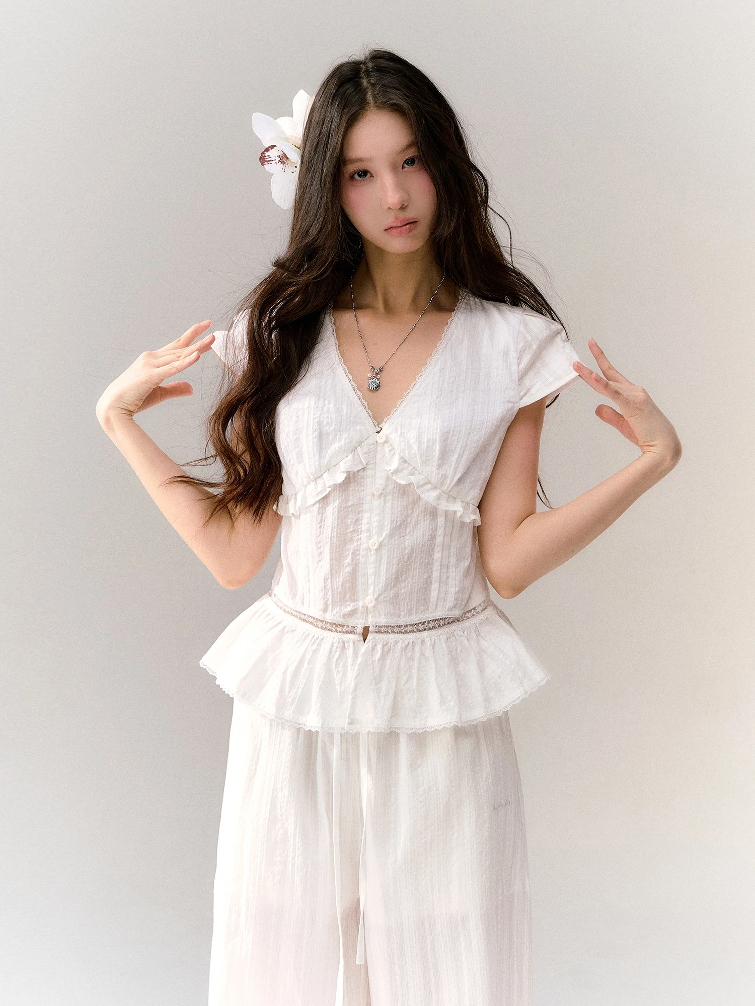 White Lace Hollow out Short Sleeve Shirt Women's Waist Cinched Top Guukahero Vintage Style Splice Gored Skirt Cotton Summer