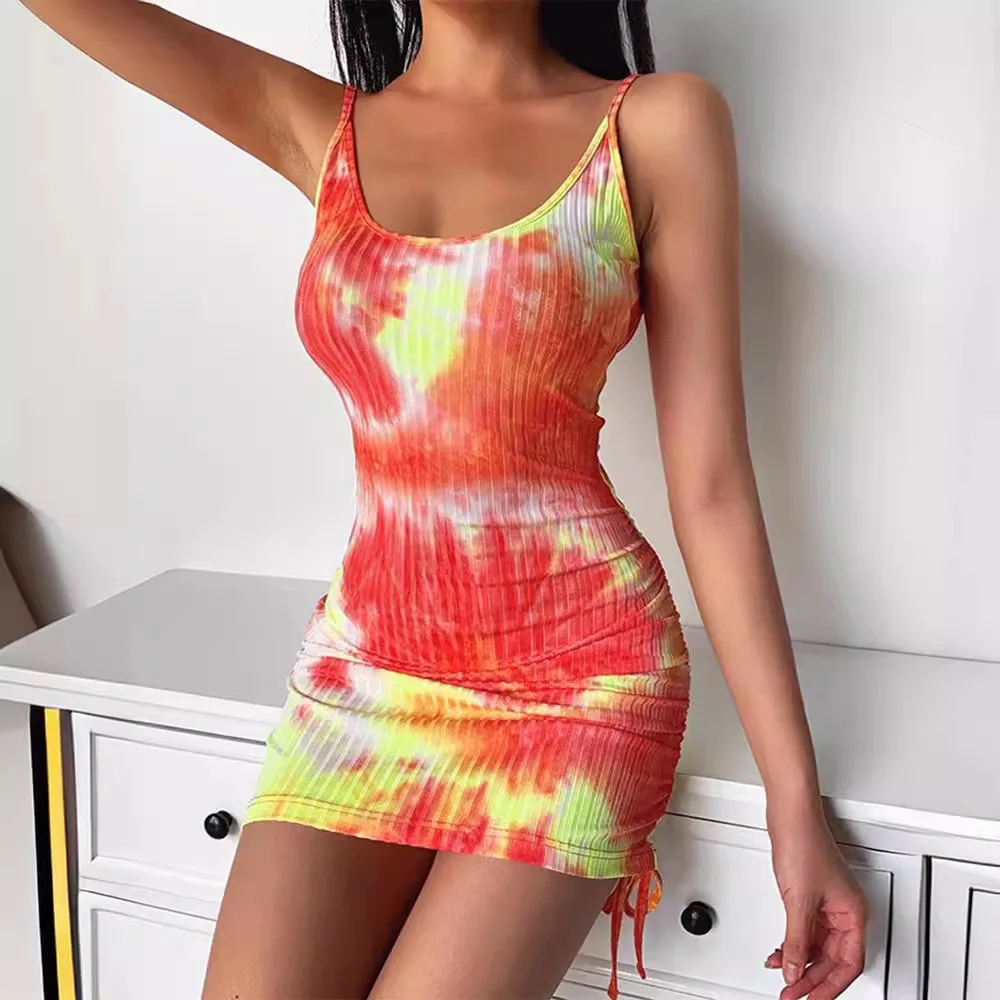 

2024 Summer New European and American Women's Colorful Tie Dyed Spicy Girl Slim Fit Sexy Leaky Back Short Dress