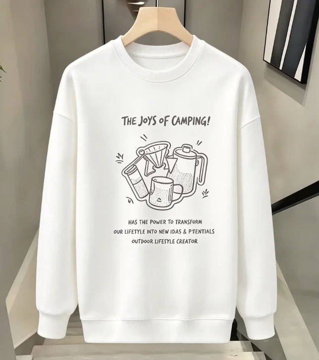 2026 new Hand Drawn Camping Coffee Ware Graphic Print Crewneck Sweatshirt Unisex Outdoor Style Long Sleeve Pullover Top