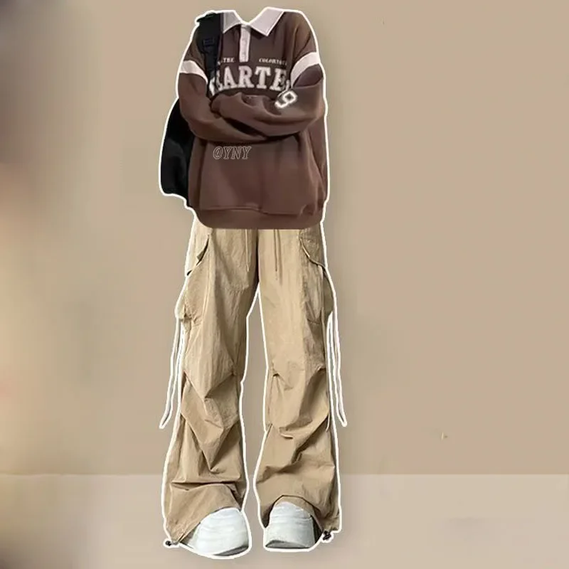 

American Retro Polo Collar Shoulder Sweatshirt for Women's Autumn New Style 2025 Long Sleeved Jacket Paired with Workwear Pants