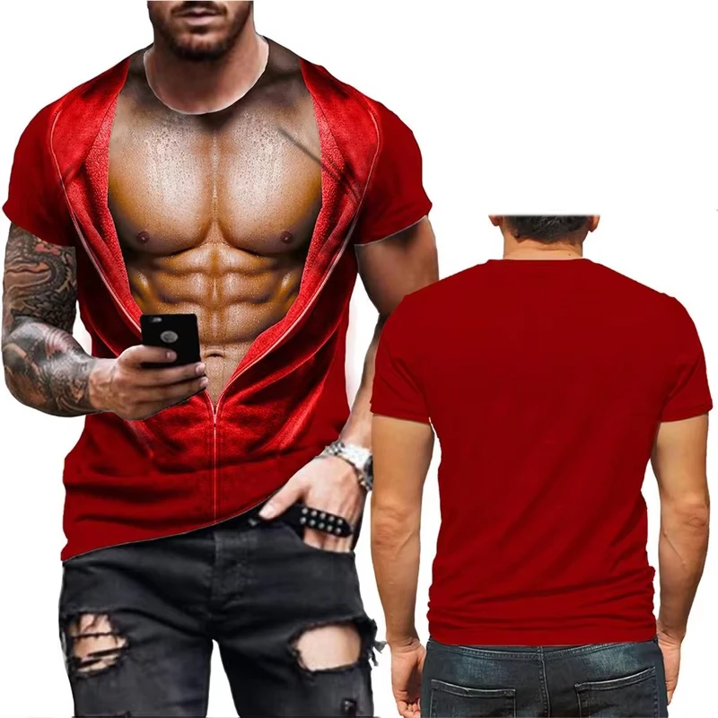 Unisex 3D Fake Open Zipper Muscle Graphic T‑Shirt Novelty Optical Illusion Crew Neck Casual Short Sleeve Party Tops for Men