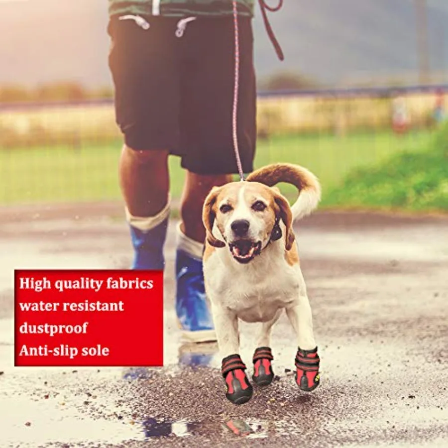 NonSlip Waterproof Dog Boots for Outdoor Use Rugged Sole Dog Shoes for Medium to Large Dogs 4Pcs Set in BlackRed Ideal for Hiki