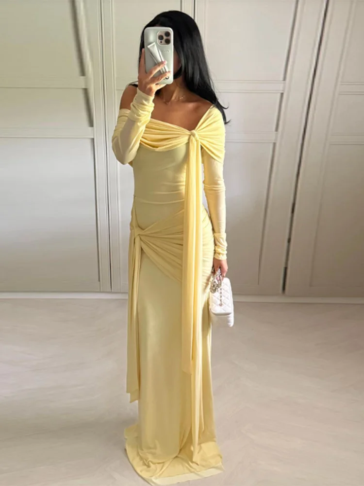Elegant Yellow Off-shoulder Long Dresses Women Long Sleeves Draped Ruched  Hip Package Floor Length Robe 2026 Summer Lady Dresses - AliExpress  200000345