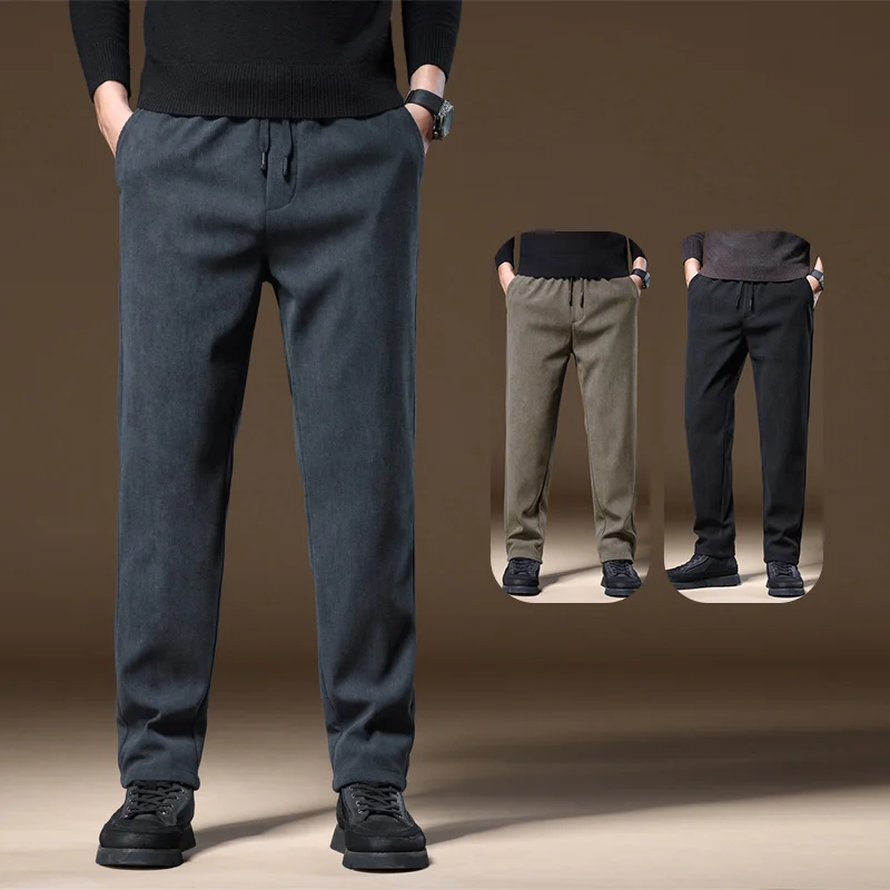 

Brand Clothing Winter Corduroy Casual Pants Men Pocket Zipper Drawstring Elastic Waist Thick Outdoors Jogging Trousers Male