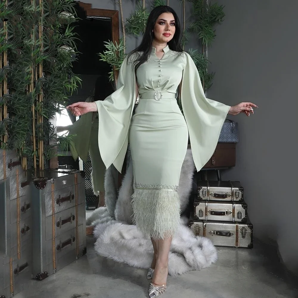 

customized Prom Dresses Beads Feathers Mermaid Buttons Belt Women‘s Luxury Evening Dresses Robes De Formal Party Dresses