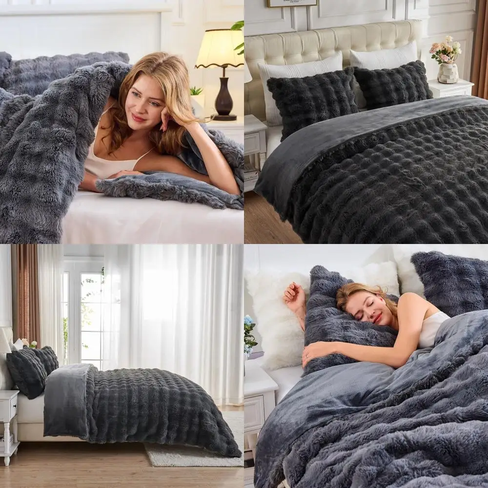 

Queen Size Rabbit Plush Duvet Cover Set - 3-Piece Gray Cozy Bedding with Zipper Closure