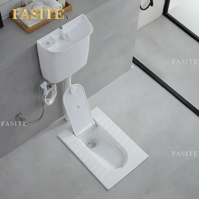 For Household Ceramic Squatting Toilet with Cover Plate Automatic Deodorizer Hand Washing Water Tank Set Pit Type Bathroom