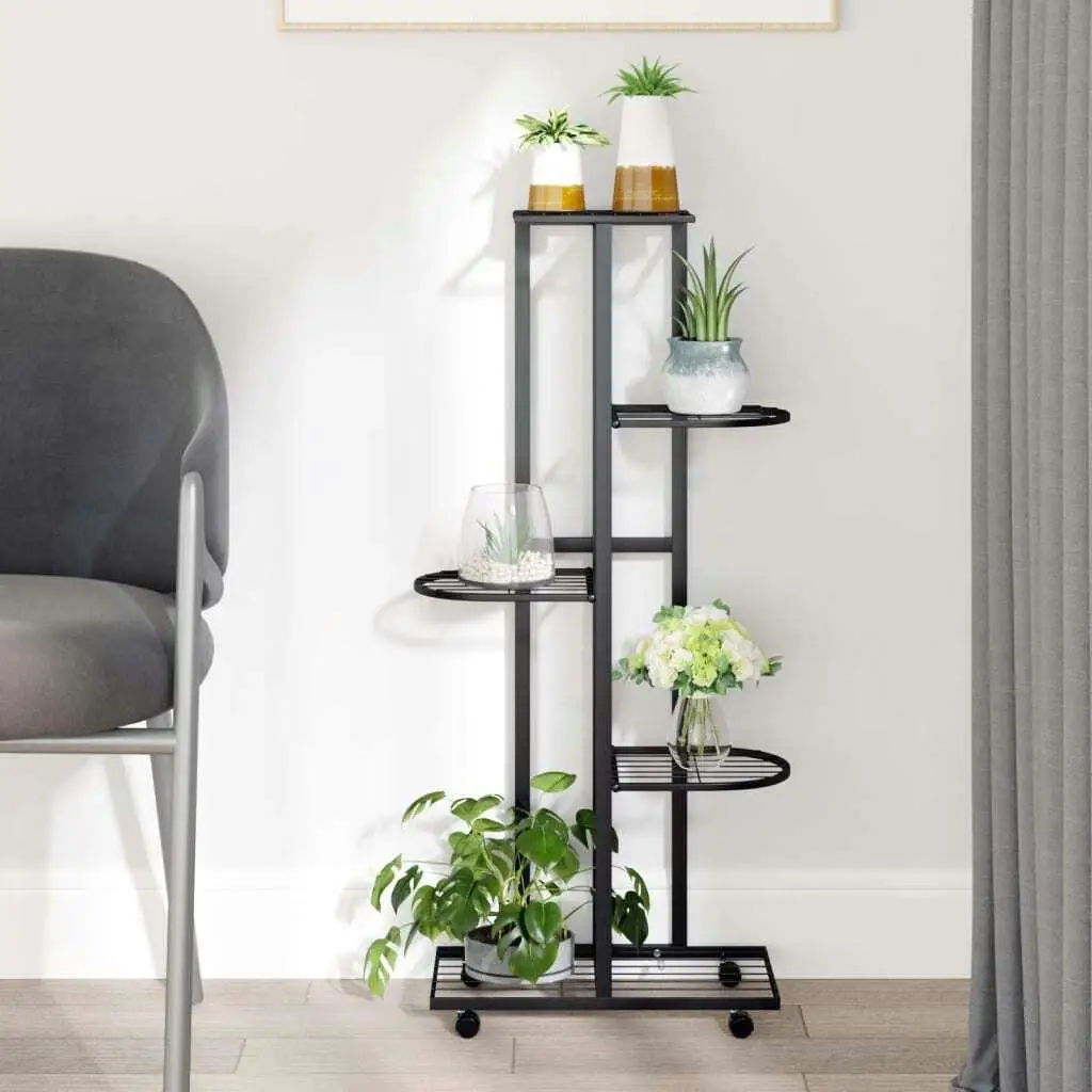 5-Tier Rolling Flower Stand, Black Iron Plant Shelf, 17.3x9.1x39.4 Inches, Multi-Purpose Indoor/Outdoor Display