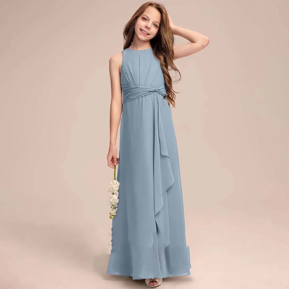 YZYmanualroom Chiffon Junior Bridesmaid Dress With Cascading Ruffles A-line Scoop Floor-Length 2-15T