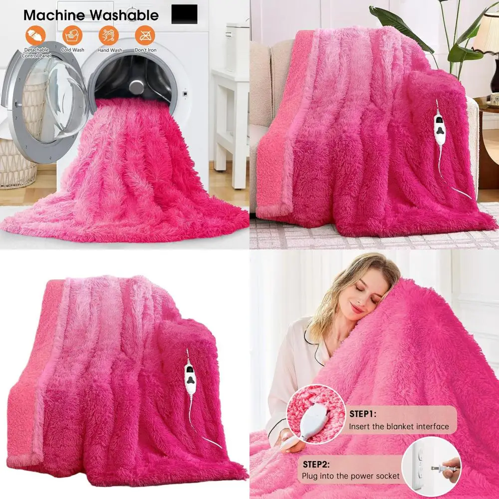 

Twin Size Heated Electric Blanket - Faux Fur & Sherpa, 10 Heat/5 Timer Settings, Fast Warmth, 62x84, Rose Red