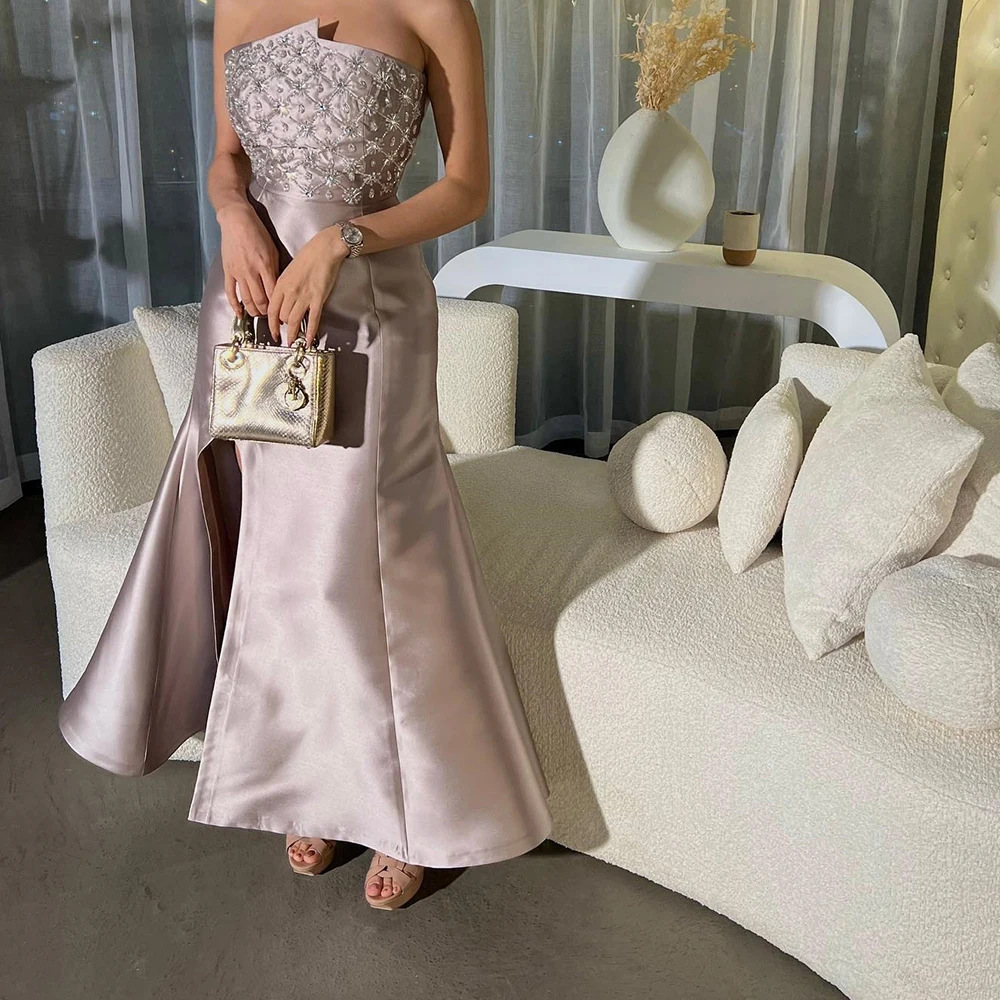 

Customized Exquisite Front Slit Pleats Beading Crystal Ankle Length Strapless Party Gown Graceful Mermaid Satin Pink Prom Gown