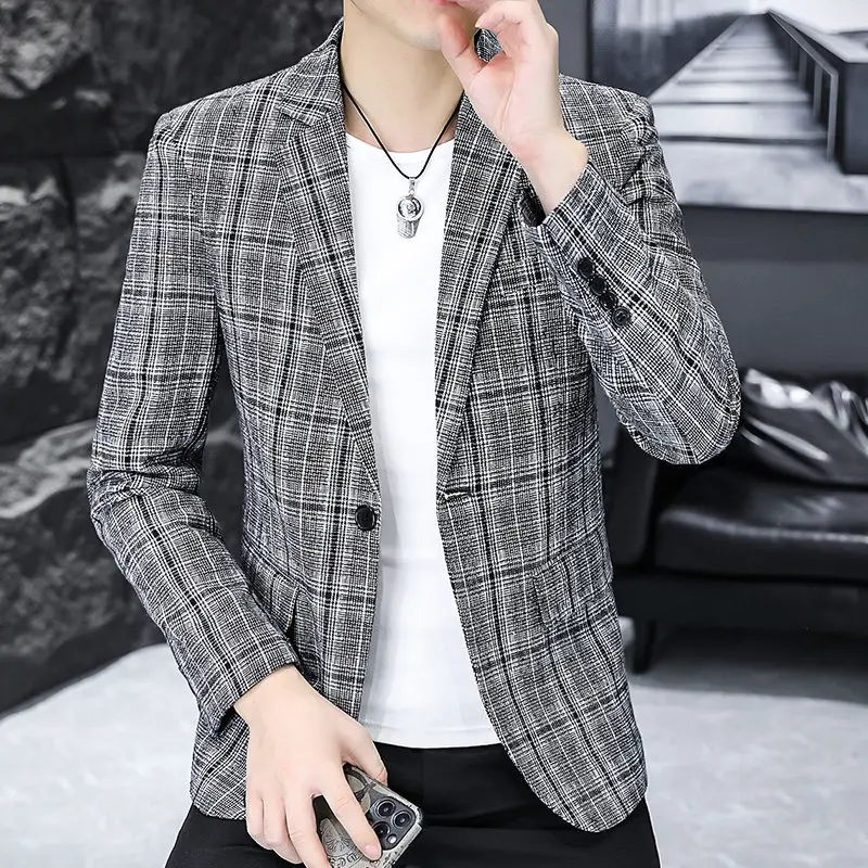 

Casual Slim Fit Plaid Suit Trendy Spring Autumn Outerwear Men's Fashion City Style Standard Fit Business Casual Long Sleeve