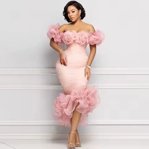 Pretty Ruffles Off The Shoulder Prom Dress Pink Sheath Aso Ebi Evening Gowns Women Formal Party Dress