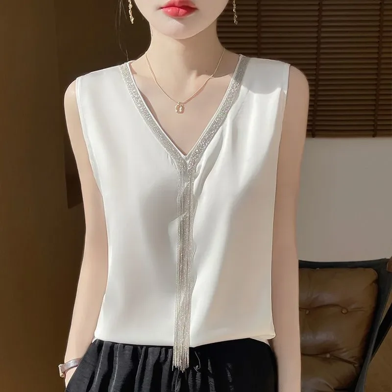 Women's White Satin Camisole Elegant V-Neck Sleeveless Rhinestone Fringe Trim Tank Top
