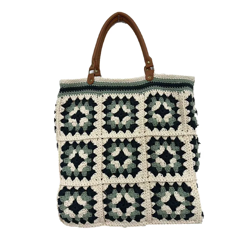 Bohemian Granny Square Staw Handbags Casual Paper Woven Bamboo Handle Women Hand Bags Handmade Summe Beach Bag Large Tote Purse