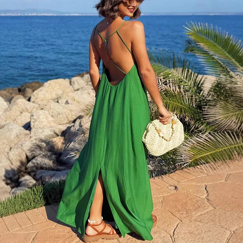 Abito lungo casual estivo da donna con scollo a V senza maniche e schiena scoperta Abiti da vacanza al mare per le donne Abito da festa ampio Boho