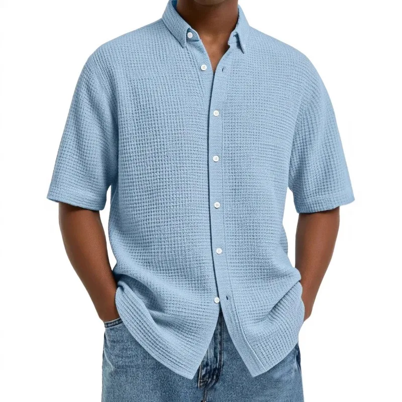 Men's Light Blue Wfle Knit Short-Sleeve Shirt Button-Down Oversized Casual Breathable Daily Top