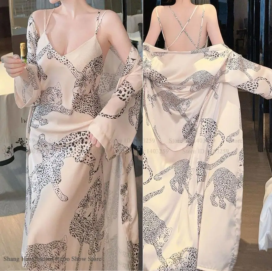 Sexy Leopard Print Long 2PCS Robe Nightgown Set Elegant Ice Silk Chemise Sleepwear Nightdress Lingerie Loose Homewear Loungewear