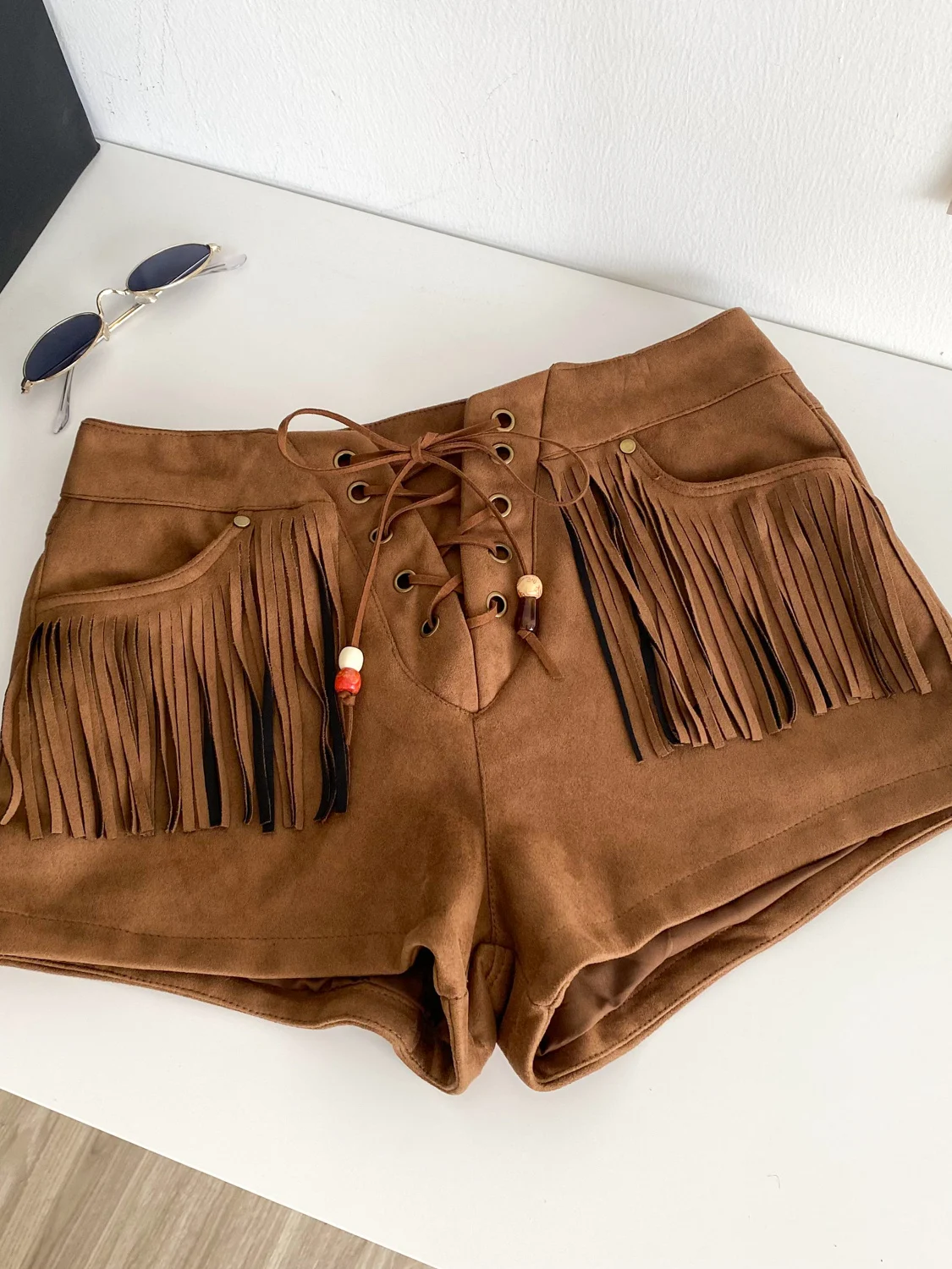 Pantalones Retro americanos de piel de ciervo de terciopelo para mujer, pantalones de pierna ancha de cintura alta, diseño de borla, informal, para ir al trabajo, verano 2025