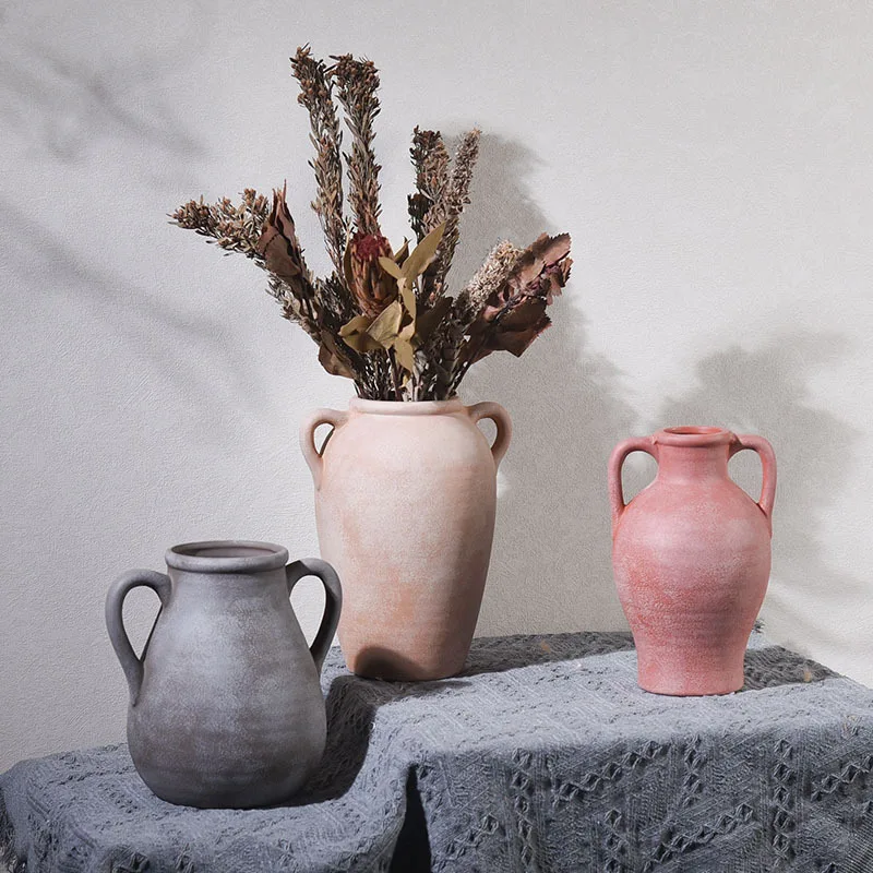 Vintage Style Double Ear Ceramic Vase, Living Room Flower Arrangement Container, Handmade Coarse Pottery Jar, Home Decoration