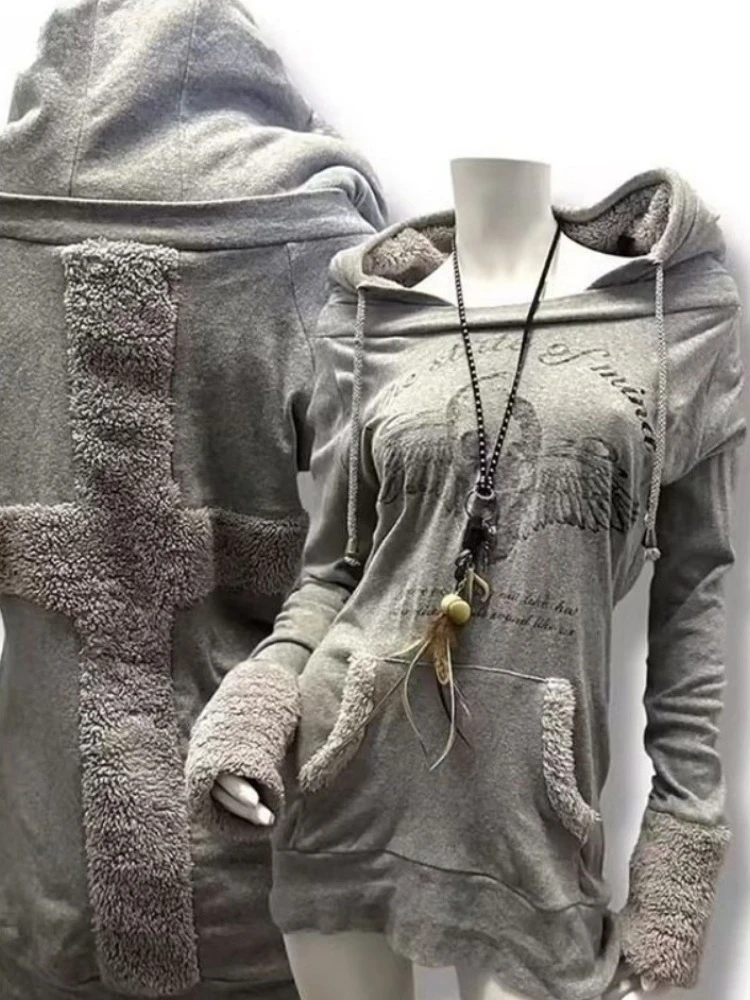 Vintage Mode Brief Schädel Drucken Hoodies Mit Kapuze Frauen Casual Grunge Kordelzug Sweatshirts Y2k Ästhetischen Kreuz Patchwork Hoody