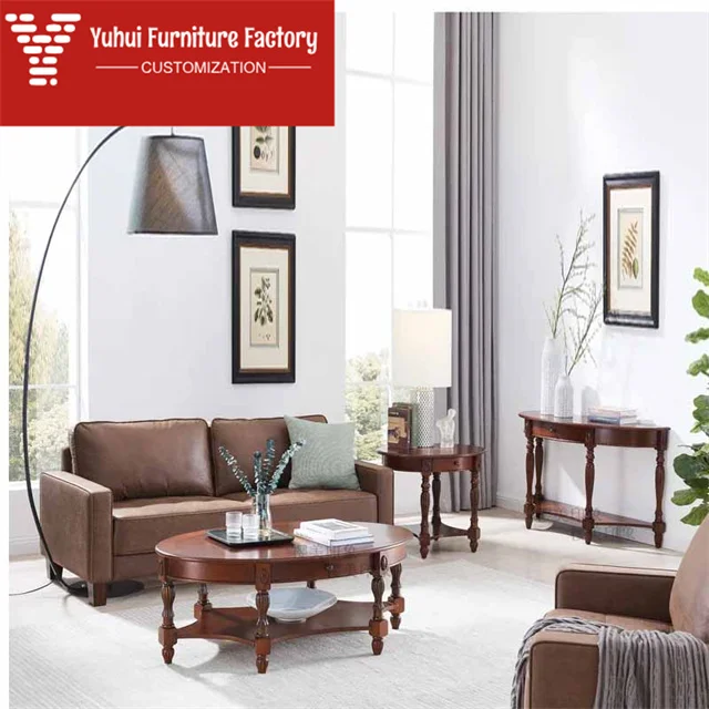 American Retro Oval Living Room Solid Wood Coffee Table, European Style Small Apartment Round Coffee Table, Café Corner Table