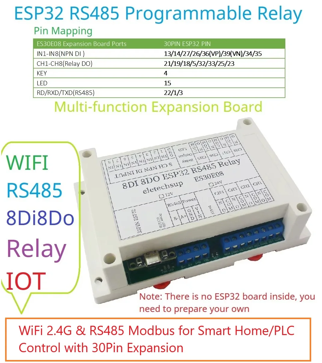 ESP32 8CH Programmable Relay Module WiFi 2.4G & RS485 Modbus | 30Pin Expansion Board for Smart Home/Industrial IoT PLC Control