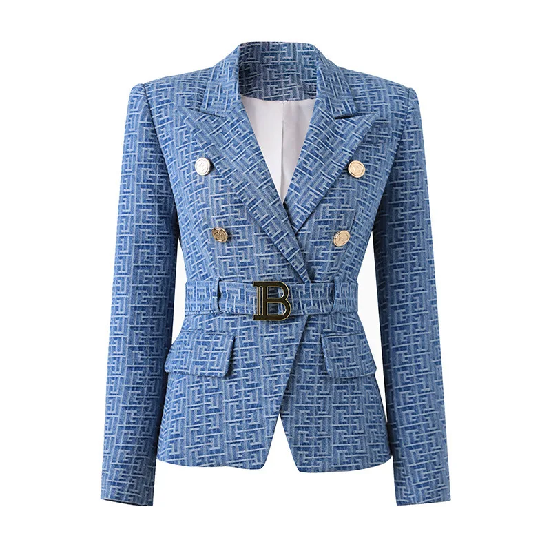 

Newest Fashion 2024 Designer Jacket Women Slim Fitting Double Breasted Lion Buttons Geometric Denim Blazer