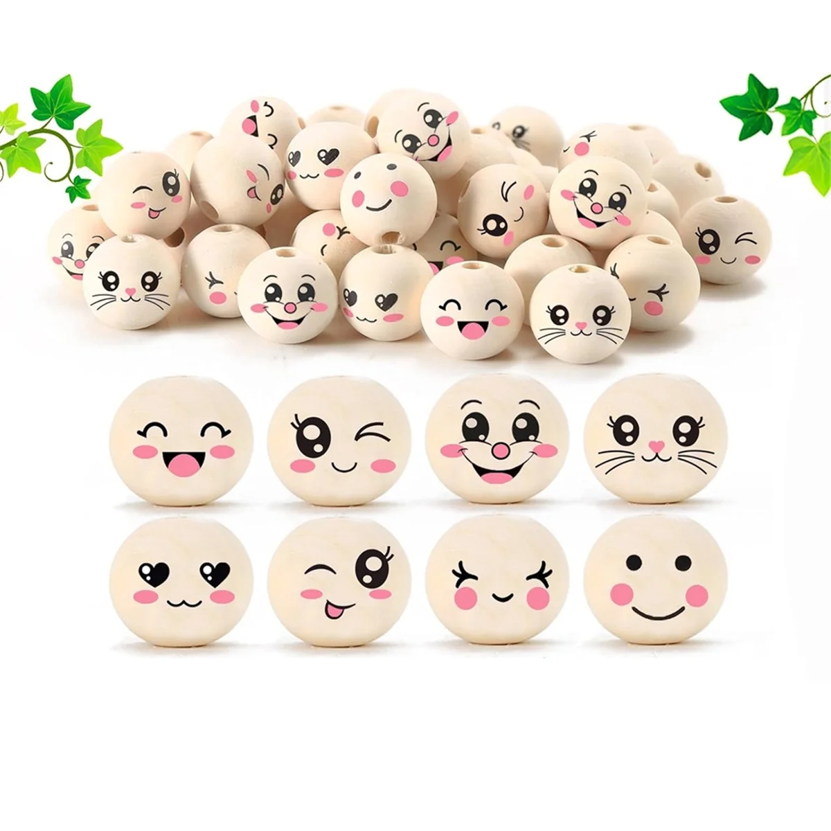 A98U 8 Styles Wooden Beads with Face 20 mm Smile Face Wooden Bead Natural Wood Beads Round with Hole Pack of 80