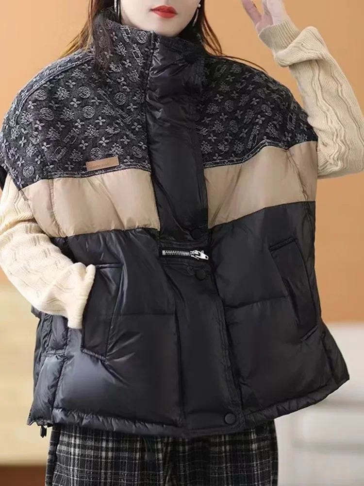 다운 베스트 여성용 신상 트렌드 컬러 배색 재킷 2025 가을 겨울 얇고 따뜻한 여성 재킷