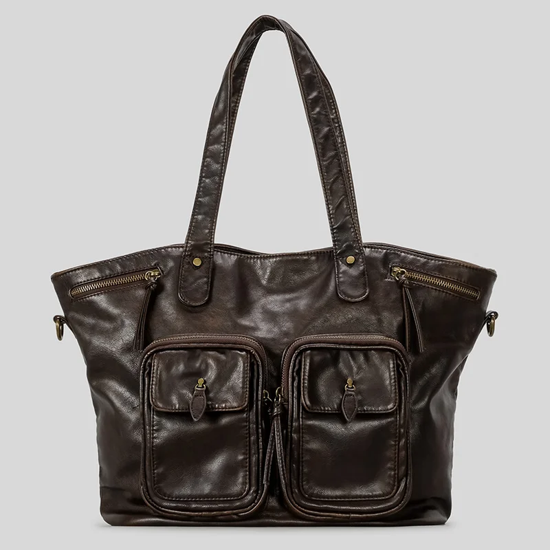 Vintage Washed Leather Motorcycle Tote Bag with Dual Front Pockets and Metal Zippers Large Capacity Shoulder Handbag for Women