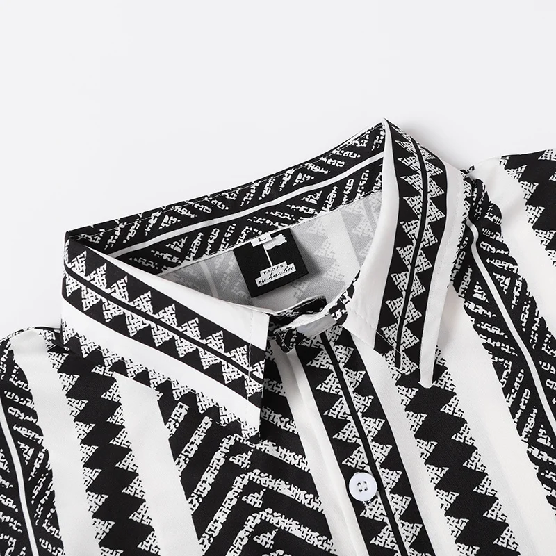 Retro Herren Geometrisch Gestreiftes Hemd Kurzarm Tribal-Print Knopfleiste Hawaii-Hemd Sommer-Oberteil Schwarz-Weiß Farbblock – Detail 12