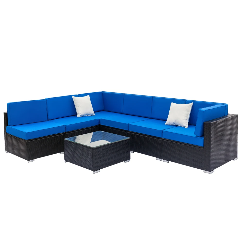 Fully Equipped Weaving Rattan Sofa Set with 2pcs Middle Sofas & 4pcs Single Sofas & 1 pc Coffee Table Black Embossed