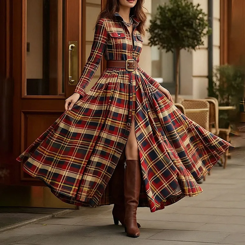 Abito lungo con stampa a quadretti retrò Donna Elegante colletto rovesciato Abito lungo con bottoni Abito Boho con tasca a maniche lunghe primaverili